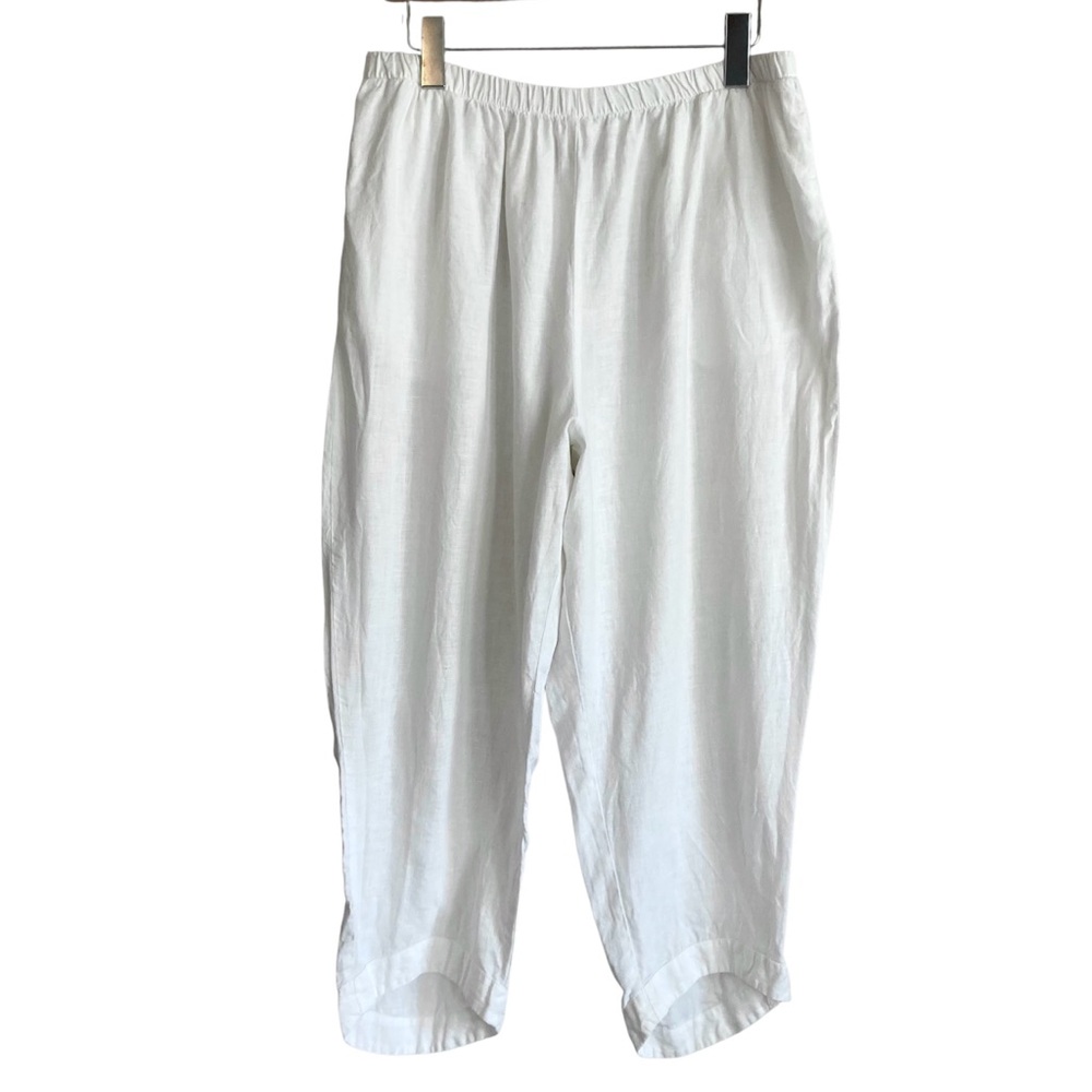 FLAX Relaxed Barrel Leg White Linen Casual Lounge Ankle Pants - Picture 2 of 7